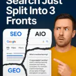 Man pointing at screenshots of SEO vs AIO vs GEO