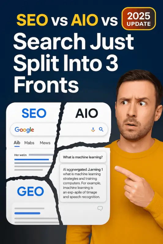 Man pointing at screenshots of SEO vs AIO vs GEO