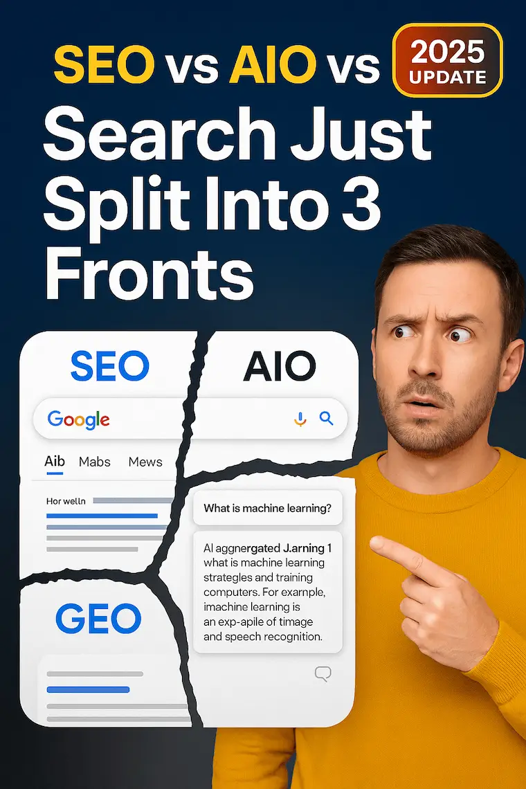 Man pointing at screenshots of SEO vs AIO vs GEO